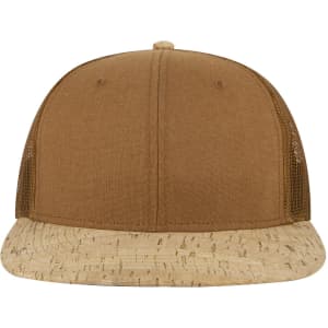 A mid-profile trucker cap featuring a brown fabric body and a cork-patterned brim, with mesh side panels.