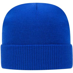A blue knitted beanie with a cuffed rim and a snug fit, featuring a logo.