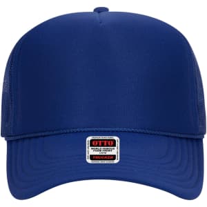 A high crown trucker cap in navy blue, featuring mesh panels and a branding logo on the front.