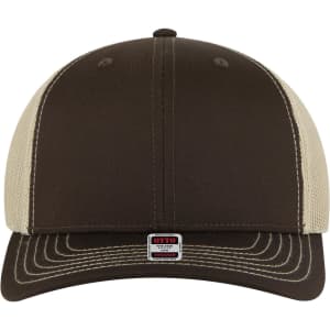 A mid-profile trucker cap featuring a brown fabric front and beige mesh sides, with a logo on the front.