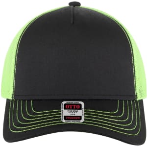 A black and neon green 5 Panel Low Profile Trucker Cap featuring a structured design and a logo.