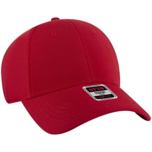 A red low-profile baseball cap with a six-panel structure and a logo on the front.