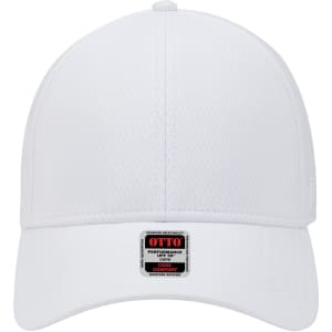 A white UPF 50+ 6-panel low profile baseball cap with a logo on the front.