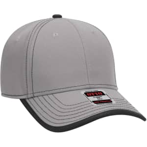 A grey 6-panel low profile baseball cap with contrasting black trim and a logo on the front.