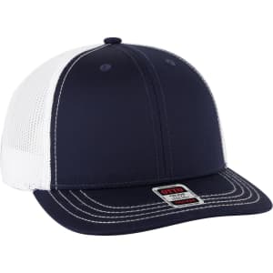A navy and white 6-panel mid-profile trucker cap with a mesh back and stitched detailing, featuring a logo.