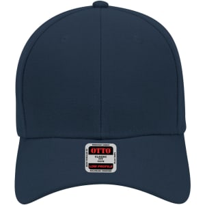 A navy 6-panel low profile baseball cap featuring a branded label on the front.