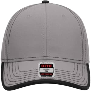 A grey 6-panel low profile baseball cap with a black brim and a logo on the front.