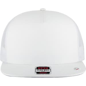 A white 5 Panel Pro Style Trucker Cap with a flat brim and mesh sides, featuring a logo on the front.