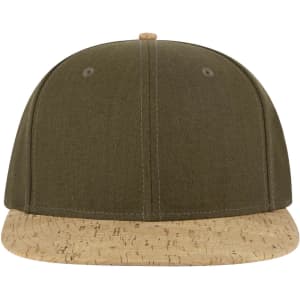 A mid-profile snapback cap featuring an olive green fabric top and a cork-patterned brim. It has a logo on the front.