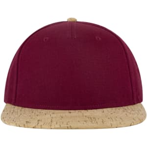 A snapback cap with a maroon top and a cork-patterned brim, featuring a logo on the front.