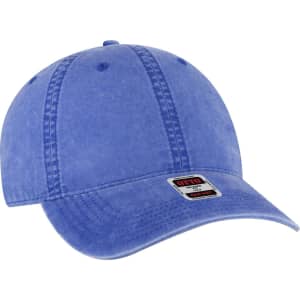 A blue 6 panel low profile dad cap with a curved brim and a branding label.