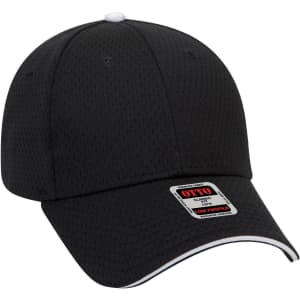 A black six-panel low profile baseball cap with a white button and contrasting trim, featuring a logo on the front.