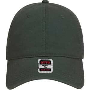 A green 6 panel low profile dad cap featuring a logo on the front. The fabric appears relaxed and premium.