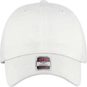 A white six-panel low profile dad cap featuring a logo on the front and a relaxed fit design.