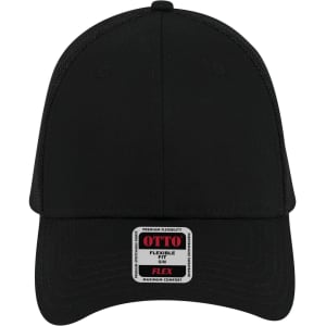 A black 6-panel low profile trucker cap with a logo on the front and mesh panels at the back.