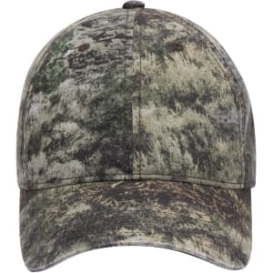 A camouflage 6 panel low profile baseball cap featuring shades of green and brown, and includes a logo.