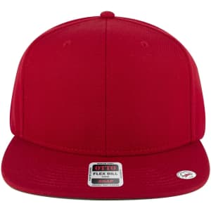 A red mid-profile snapback cap featuring a flat brim and a logo on the front.