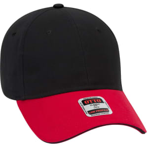 A black and red 6 panel low profile baseball cap with a logo on the front.