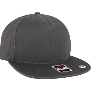 A grey 5 Panel Low Profile Style Dad Cap with a flat brim and a logo on the side.