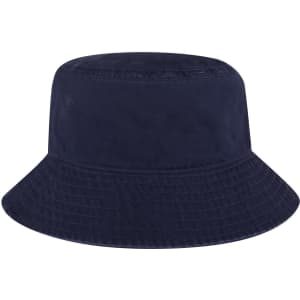 A navy bucket hat with a wide brim and a textured finish, featuring a logo.
