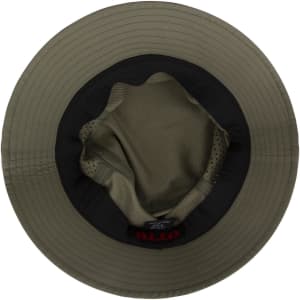An olive green bucket hat featuring a black inner lining and a mesh design. The hat includes a logo branding inside.