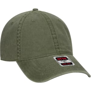 An olive green six-panel low profile dad cap with stitching details and a logo on the front.