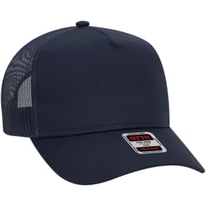 A navy blue 5 Panel Mid Profile Trucker Cap with mesh panels and a logo on the front.