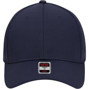 A navy 6-panel low profile baseball cap with a flexible fit and a logo on the front.