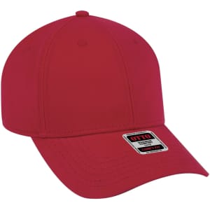 A red six-panel low-profile baseball cap with a logo on the front.