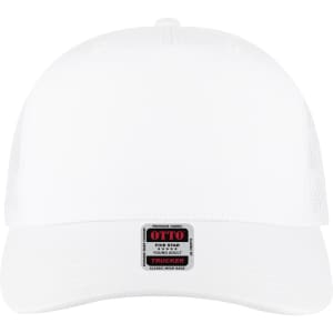 A white 5 panel mid-profile trucker cap featuring mesh sides and a logo on the front.