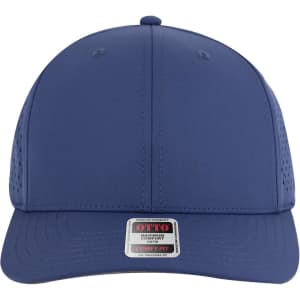 A navy blue mid-profile baseball cap with a logo and perforated side panels for breathability.