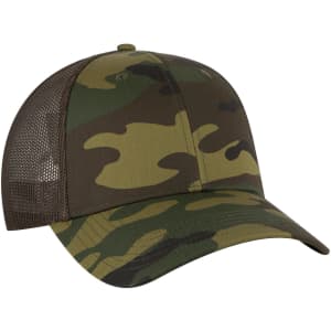 A camo 6 panel low profile trucker cap in shades of green and brown, featuring a mesh back and a logo.