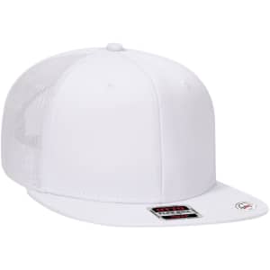 A white six-panel mid-profile trucker cap with a mesh back and a grey undervisor, featuring a logo.