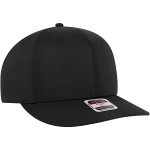 A black 6 panel pro style snapback hat with a stiff brim and a logo on the front.
