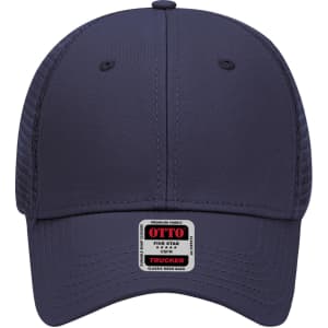 A navy 6 panel low profile trucker cap with a classic mesh back and a branded label on the front.