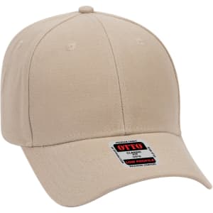 A beige low profile baseball cap with a brand label on the front and a classic six-panel design.