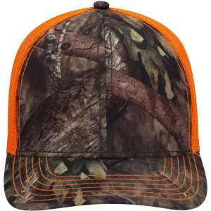 A camouflage baseball cap with an orange mesh back and contrasting stitching. It features a logo on the front.