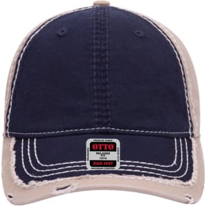 A navy and beige 6 panel low profile dad cap with a logo, featuring a relaxed fit and stitched detailing.