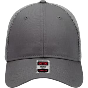 A grey baseball cap with a low profile, featuring a mesh back and a logo label on the front.
