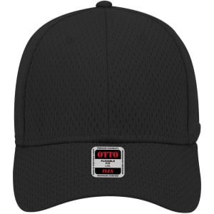 A black 6 panel low profile baseball cap with a logo on the front. Features a flexible fit design.