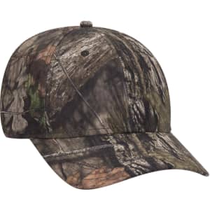 A camo-patterned six-panel low profile baseball cap, featuring shades of green, brown, and grey with a logo.