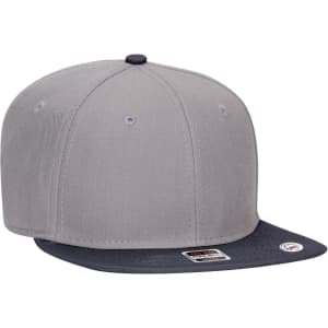 A grey six-panel mid-profile snapback cap with a darker peak and a logo on the side.