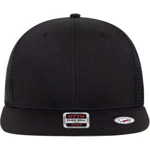 A black 6 panel snapback cap with a flexible bill and a branded label on the front.