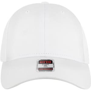 A white 6 panel low profile baseball cap featuring a logo on the front.