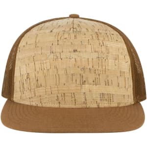 A 5-panel trucker cap featuring a cork-patterned front and brown mesh sides, with a brown brim.
