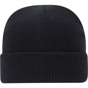 A black classic knit beanie with a ribbed cuff and a smooth top. The beanie features a logo.