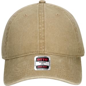 A tan 6-panel low profile dad cap with a logo tag on the front.