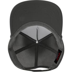 A grey 5 panel high crown air mesh back trucker hat featuring a branded logo inside.
