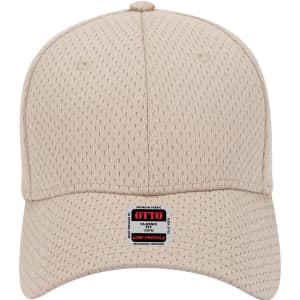 A beige 6-panel low profile baseball cap with ventilation holes and a logo on the front.