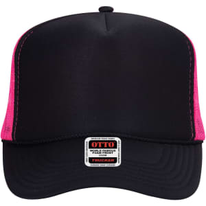 A black and pink 5-panel high crown trucker cap featuring a branding label on the front.